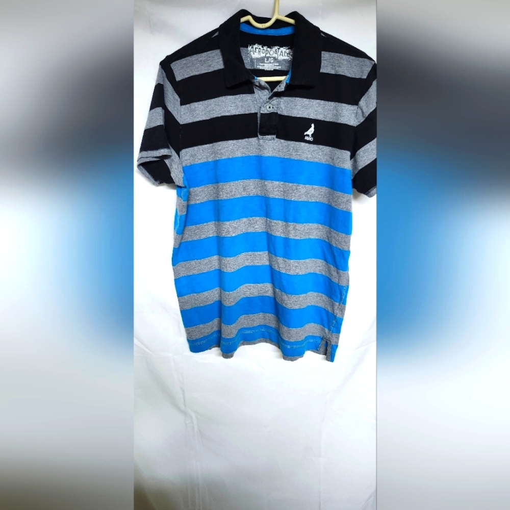 Aeropostal  Men's Polo Shirt - Navy, Gray, Blue Stripes